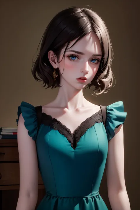 kellybody, (masterpiece:1.2, best quality, highres), (1girl, solo, cowboy shot), extremely detailed face, black hair, very short hair, blue eyes, (pale), (green victorian gown), american,
<lora:kellybody:0.6>