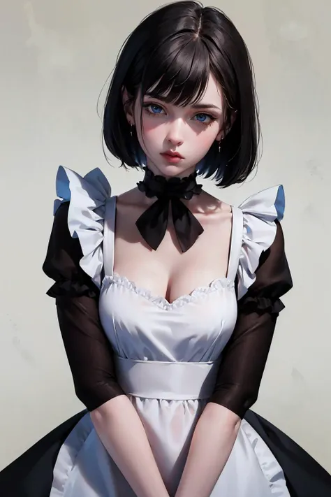 kellybody, (masterpiece:1.2, best quality, highres), (1girl, solo, cowboy shot), extremely detailed face, black hair, very short hair, blue eyes, (pale), (black maid), american,
<lora:kellybody:0.6>