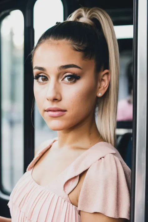 RAW, real photo portrait, arg, on a tour bus, (wearing pink short dress), black hair, hair in pigtails, pretty face, insanely detailed eyes, light blonde hair, high ponytail, bokeh, natural light, depth of field, golden hour, sharp focus,<lyco:ArianaGrande-RealVision-V1.0:1.0>
