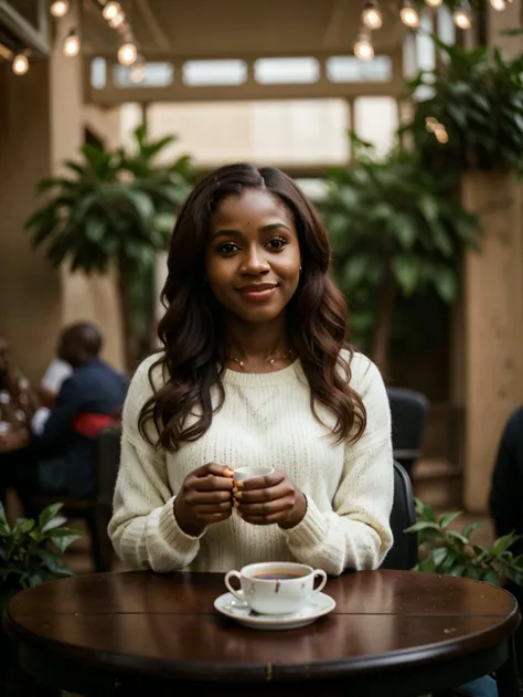 professional digital photo, tv_Abena_MXAI, (((Ultra-HD-details, Ultra-HD-detailed, Ultra-HD-realistic))), , , wearing a cozy sweater, sitting in a cafe, holding a cup of steaming tea, flirty expression,, 8k resolution, highres, high detail, sharp focus, detailed skin, 8k uhd, bokeh, analog photography