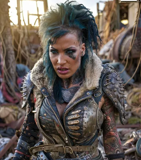 (masterpiece:1.2), (best quality,:1.2), 8k, HDR, ultra detailed, ((photorealistic)), professional light, cinematic lighting, fashion photography, ambient lighting, atmospheric effects, <lora:detail_slider_v4:3>, Calisi, <lora:Calisi-10:1>, mohawk, dark makeup,  as a female Wasteland raider, leather, boots, spikes, armor, chains, exploring the ruins of a destroyed city, <lora:Wasteland:0.66>,  WasteAr, <lora:WastelandArmor:0.7>, style of Mad Max, style of Fallout, <lora:zoom_slider_v1:3>, epiCPhoto