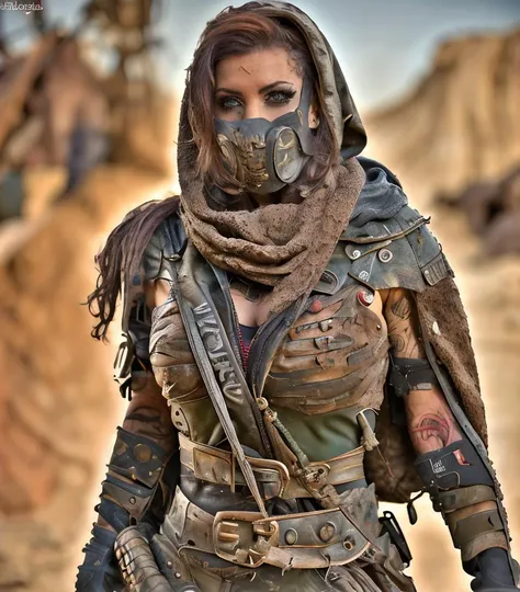 (masterpiece:1.2), (best quality,:1.2), 8k, HDR, ultra detailed, ((photorealistic)), professional light, cinematic lighting, fashion photography, ambient lighting, atmospheric effects, <lora:detail_slider_v4:3>, <lora:zoom_slider_v1:1>, Sienna, <lora:Sienna-10:1>, wild hair, as a female raider in the desert Wasteland, long robes, belt, neck cover, scarf, mask, <lora:Wasteland:0.6>, WasteAr, <lora:WastelandArmor:0.75>, epiCPhoto