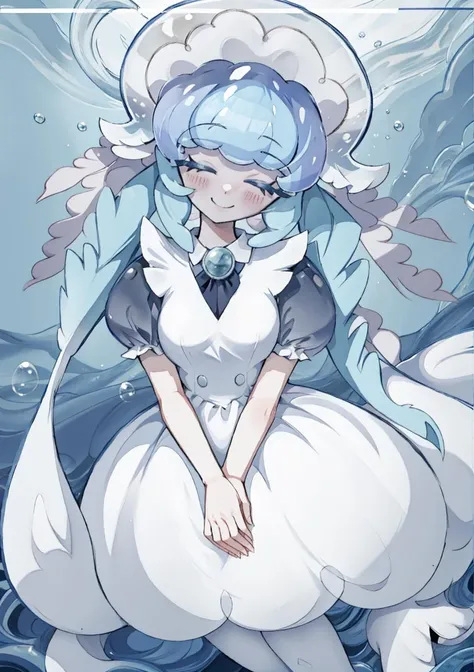 Anime girl in a white dress with a blue cape and a white hat - SeaArt AI