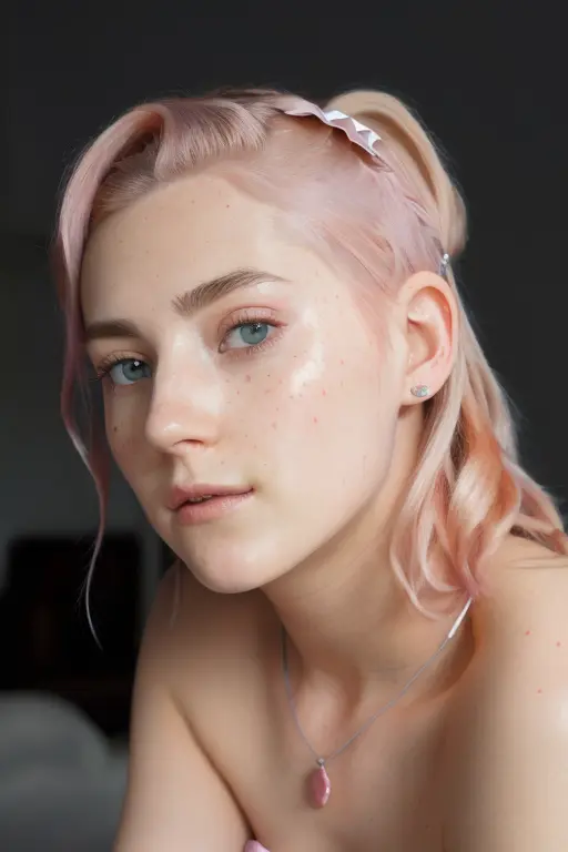 (digital painting:1.2)(close up head shot),(looking at viewer:1.3),(1girl:1.3),(photo realistic:1.3), (portrait:1.2) of evafie, wearing white (dress:1.2), (Pink:1.3) hair, (highly detailed Heterochromia iridum eyes:1),(highly detailed skin:1.3),(freckles:1.1),pores, (4k),back lit, rim light, Dark moody lighting, (silver Necklace:1),(greg rutkowski0.8), <lora:epiNoiseoffset_v2:0.6>, cinematic still, <lora:evafie_v1:1>