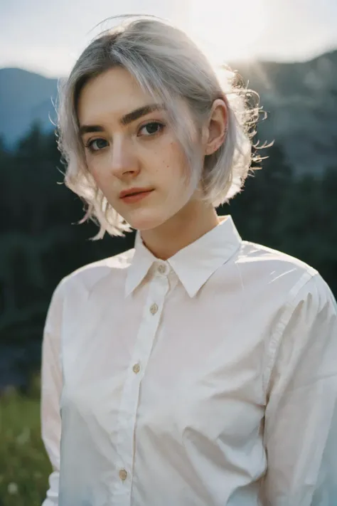 <lora:FilmVelvia:0.6>, evafie , white hair, white shirt, dramatic lighting, rim lighting, depth of field and soft bokeh, blue sky, mountain, 35mm film photography, <lora:evafie_v5:1>,