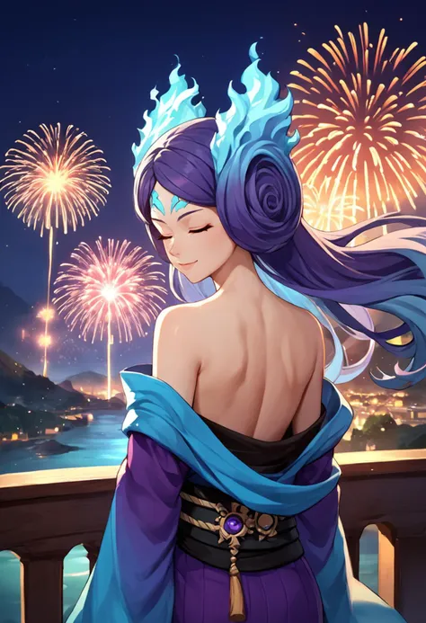 score_9, score_8_up, score_7_up, source_anime, from behind, solo, 1girl, brighid, slight smile, looking back, fiery hair, blue fire, closed eyes, purple kimono, off shoulder, black sash, bare shoulders, fireworks <lora:xenoblade2_brighid_ponyXL:1>