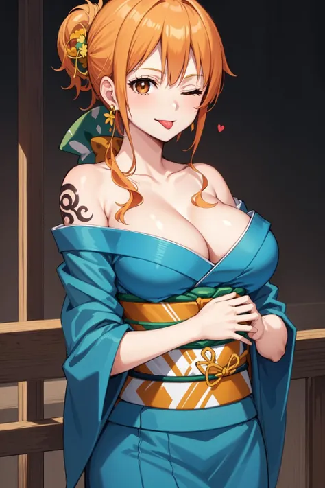 (Masterpiece), 1girl, high quality, best quality, clean, highly detailed, Nami, one piece, orange hair, solo, <lora:Nami v1:0.8>, large breasts, cleavage, bare shoulders, brown eyes, upper body, earrings, one eye closed, japanese clothes, tongue, tongue out, smile, kimono, sash, tattoo, obi, undressing, blue kimono, ;p