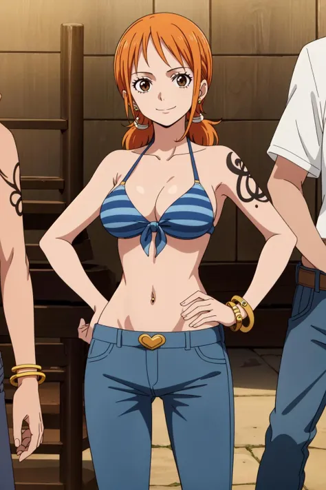 (Masterpiece), high quality, best quality, clean, highly detailed, Nami, one piece, orange hair, solo,  <lora:Nami v1:0.8>, looking at viewer, smile, large breasts, navel, cleavage, twintails, brown eyes, jewelry, closed mouth, 1girl, swimsuit, bikini, earrings, solo focus, pants, bracelet, hand on hip, arm tattoo, denim, bikini top only, jeans, blue pants, bangle