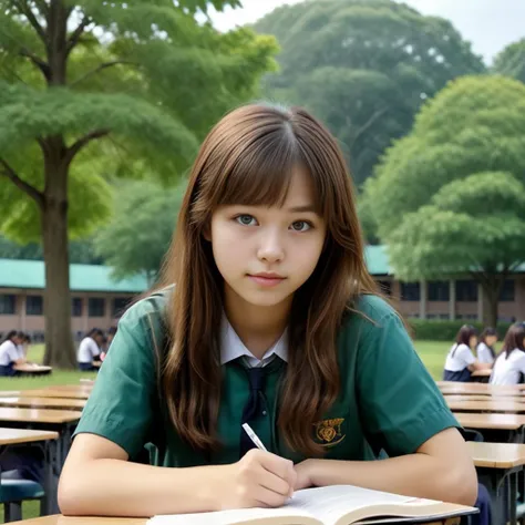 masterpiece,best quality, realistic, RAW photo, film grain,32k ,8k uhd, 1 girl, solo,full body , (detail skin:1.2), looking at viewer, portrait, closed mouth, simple background ,green shirt,black skirt,A high school girl studying in a campus setting, seated at a desk or on the grass, engrossed in her books. She's dressed in a school uniform, and her expression is focused and thoughtful. The background includes school buildings, trees, and perhaps other students in the distance. The scene should be as realistic as a high-resolution photograph, capturing the tranquility and concentration of a dedicated student, with soft and natural lighting,<lora:greenjk2:1>,((ruru))