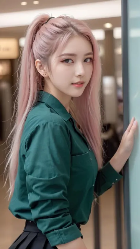 street fashion photography, photo of young female,
(face viewer:1.0 ),ponytail hair, high ponytail hair, very long hair, pale skin, look at viewer, sexy pose, beautiful girl, look at viewer, (multicolored hair, pink hair, white hair, blonde hair, long hair, high ponytail),
8k, real picture, intricate details, ultra-detailed,(photorealistic),
film action shot, full body shot,  in a shopping mall ,realistic, extremely high quality RAW photograph, detailed background, intricate, Exquisite details and textures, highly detailed, ultra detailed photograph, warm lighting, 4k, high resolution, detailed skin, (detailed eyes:1.4), 8k uhd, dslr, high quality, film grain, Fujifilm XT3, skin pores, (facial freckles,imperfections, blemishes:0.8), (grin:1.0), skin texture,
<lora:greenjk2:1.0> (Hunter green uniform, black skirt:1.4), long green sleeves,