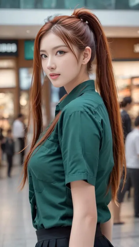 street fashion photography, photo of young female,
ponytail hair, high ponytail hair, pale skin, sexy pose, look at viewer, (multicolored hair, long hair, high ponytail),
8k, real picture, intricate details, ultra-detailed,(photorealistic),
film action shot, full body shot,  in a shopping mall ,realistic, extremely high quality RAW photograph, detailed background, intricate, Exquisite details and textures, highly detailed, ultra detailed photograph, warm lighting, 4k, high resolution, detailed skin, (detailed eyes:1.4), 8k uhd, dslr, high quality, film grain, Fujifilm XT3, skin pores, (facial freckles,imperfections, blemishes:0.8), (grin:1.0), skin texture,
<lora:greenjk2:1.0> (green uniform, black skirt:1.0)