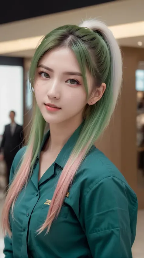 street fashion photography, photo of young female,
(face viewer:1.0 ),ponytail hair, high ponytail hair, very long hair, pale skin, look at viewer, sexy pose, beautiful girl, look at viewer, (multicolored hair, pink hair, white hair, blonde hair, long hair, high ponytail),
8k, real picture, intricate details, ultra-detailed,(photorealistic),
film action shot, full body shot, in a shopping mall ,realistic, extremely high quality RAW photograph, detailed background, intricate, Exquisite details and textures, highly detailed, ultra detailed photograph, warm lighting, 4k, high resolution, detailed skin, (detailed eyes:1.4), 8k uhd, dslr, high quality, film grain, Fujifilm XT3, skin pores, (facial freckles,imperfections, blemishes:0.8), (grin:1.0), skin texture,
<lora:greenjk2:1.0> (Hunter green uniform, black skirt:1.4), long green sleeves,