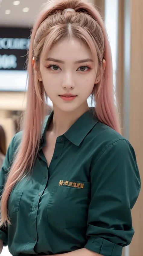 street fashion photography, photo of young female,
(face viewer:1.0 ),ponytail hair, high ponytail hair, very long hair, pale skin, look at viewer, sexy pose, beautiful girl, look at viewer, (multicolored hair, pink hair, white hair, blonde hair, long hair, high ponytail),
8k, real picture, intricate details, ultra-detailed,(photorealistic),
film action shot, full body shot,  in a shopping mall ,realistic, extremely high quality RAW photograph, detailed background, intricate, Exquisite details and textures, highly detailed, ultra detailed photograph, warm lighting, 4k, high resolution, detailed skin, (detailed eyes:1.4), 8k uhd, dslr, high quality, film grain, Fujifilm XT3, skin pores, (facial freckles,imperfections, blemishes:0.8), (grin:1.0), skin texture,
<lora:greenjk2:1.0> (Hunter green uniform, black skirt:1.4), long green sleeves,