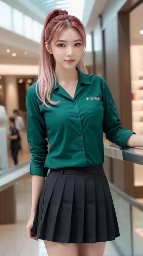 street fashion photography, photo of young female,
(face viewer:1.0 ),ponytail hair, high ponytail hair, very long hair, pale skin, look at viewer, sexy pose, beautiful girl, look at viewer, (multicolored hair, pink hair, white hair, blonde hair, long hair, high ponytail),
8k, real picture, intricate details, ultra-detailed,(photorealistic),
film action shot, full body shot, in a shopping mall ,realistic, extremely high quality RAW photograph, detailed background, intricate, Exquisite details and textures, highly detailed, ultra detailed photograph, warm lighting, 4k, high resolution, detailed skin, (detailed eyes:1.4), 8k uhd, dslr, high quality, film grain, Fujifilm XT3, skin pores, (facial freckles,imperfections, blemishes:0.8), (grin:1.0), skin texture,
<lora:greenjk2:1.0> (Hunter green uniform, black skirt:1.4), long green sleeves,