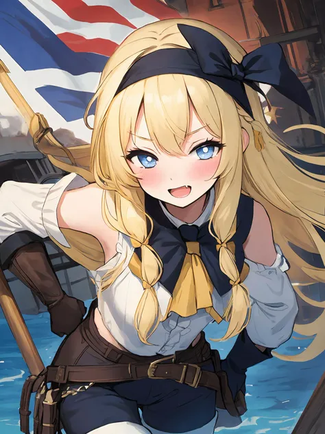 masterpiece,best quality,highres,cinematic lighting,dramatic angle,<lora:ShadowverseDeepSeaScoutV1-000039:0.8>,head scarf,blonde hair,pirate,blue eyes,star-shaped pupils,fangs,:d,blush,bare shoulders,vest,white shirt,detached sleeves,black gloves,flag,yellow pantyhose,black shorts,sheath,belt,on boat,ocean,telescope,cowboy shot,bowtie,hair ribbon,braided bangs,(bent over:1.2),half-closed eyes,one hand on own cheek and one hand on own hip,taunting,whispering