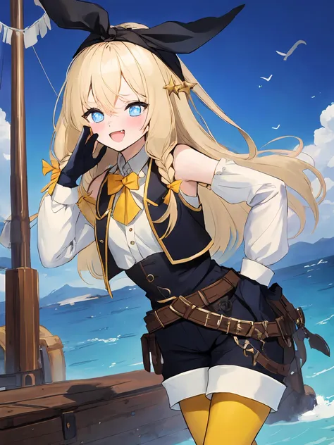 masterpiece,best quality,highres,cinematic lighting,dramatic angle,<lora:ShadowverseDeepSeaScoutV1-000039:0.8>,head scarf,blonde hair,pirate,blue eyes,star-shaped pupils,fangs,:d,blush,bare shoulders,vest,white shirt,detached sleeves,black gloves,flag,yellow pantyhose,black shorts,sheath,belt,on boat,ocean,telescope,cowboy shot,bowtie,hair ribbon,braided bangs,(bent over:1.2),half-closed eyes,one hand on own cheek and one hand on own hip,taunting,whispering