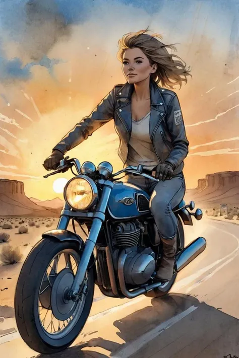 Ink illustration, wide angle, a woman drives a cafe racer toward the sunset, from behind, trailing dust, desert filling station, blue and gray, flashing lights, mayhem, asymmetrical fractals, ink splatters, ink runs, ink spots, faded ink, ink stains, linquivera, watercolor sketch in artistic style, large strokes, finalized with ink, fine lines
