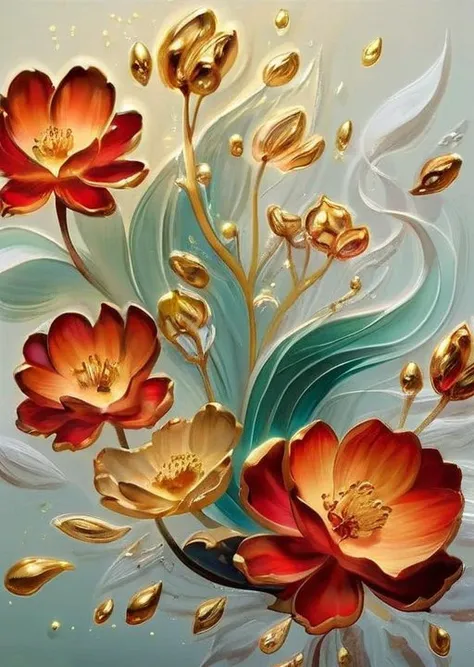 A bunch of blooming flowers,the petals show different shades of red and yellow the center is embellished with gold texture,sparkling, elegant and unique, gently swaying, mysterious and charming, realistic and abstract art, details, very realistic, beautiful and vital, dreamlike and surreal, delicate brush strokes and rich colors, beauty and mystery, unimaginable beauty,Ornate And Intricate, transparent, translucent, Agate material, jade material, BY Anne Bachelier, sketch artstyle