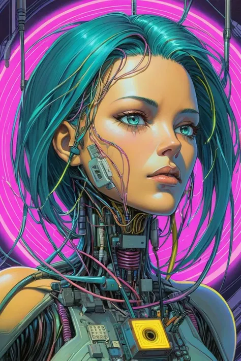 the head of a female cyborg, by Ralph McQuarrie, by Aaron Horkey, neon yellow lightning, neon teal lightning, neon magenta lightning, cables, wires, synthwave, vaporwave, retro futurism, circuitboard, dark futuristic, DonMW15pXL, floating, astral, ziprealism, (masterpiece:1.2), best quality, (hyperdetailed, highest detailed:1.2), high resolution textures