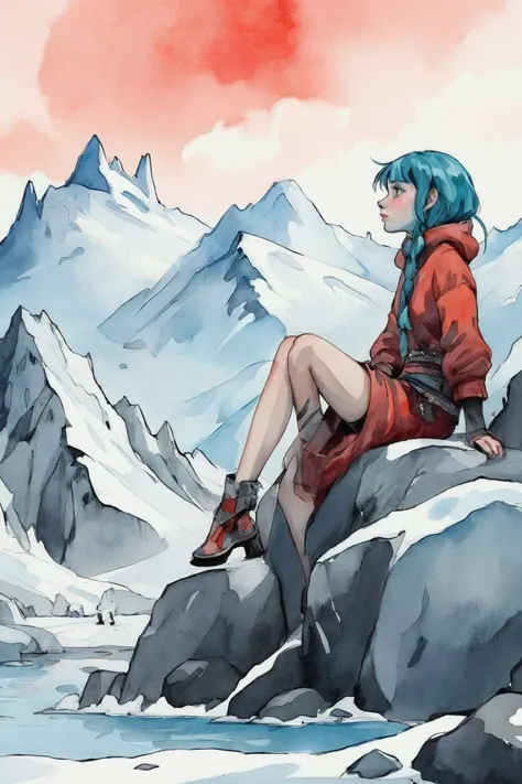 A mountainous location full of icy boulders and snow woman 25yo and Bauglir creature, magicpunk style, watercolor sketch in artistic style, large strokes, finalized with ink, fine lines