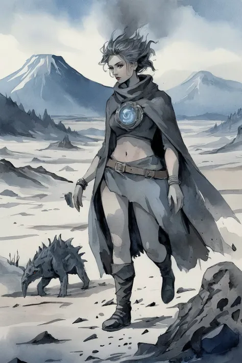A vast archaeological site located in the south region of Italy that was buried by meters of ash and pumice after a catastrophic eruption woman 25yo and Oliphaunt creature, frostpunk style, watercolor sketch in artistic style, large strokes, finalized with ink, fine lines
