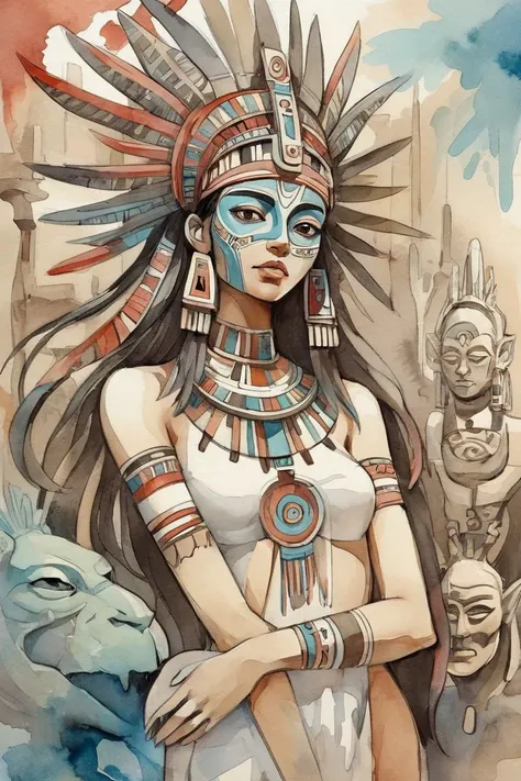 An environment with Aztec tendencies and many sculptures with masks on the wall woman 25yo and Annatar creature, slipstream style, watercolor sketch in artistic style, large strokes, finalized with ink, fine lines