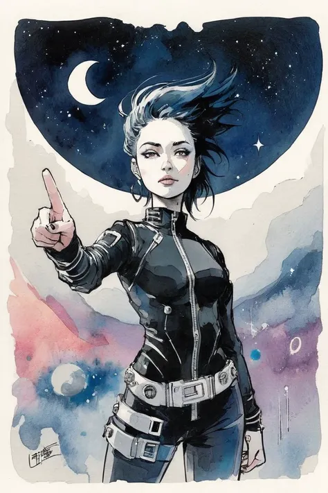 a drawing of a woman in a black jacket pointing at the moon