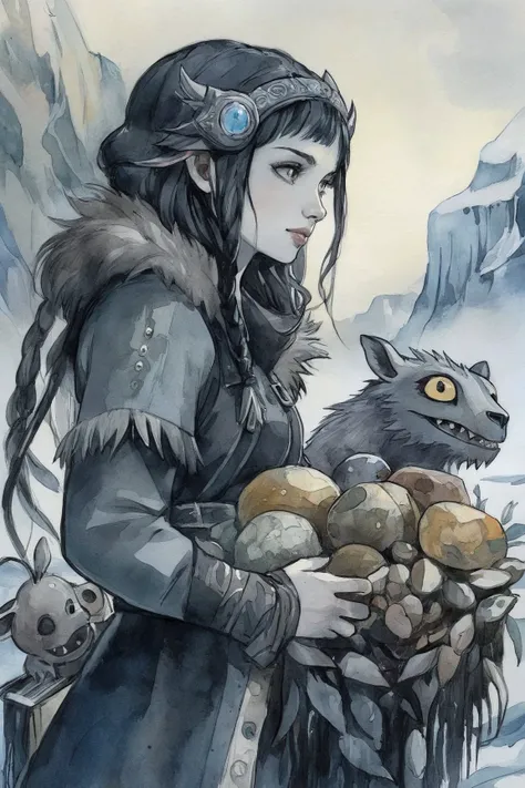 A land with many riches and treasures woman 25yo and lairi creature, frostpunk style, watercolor sketch in artistic style, large strokes, finalized with ink, fine lines