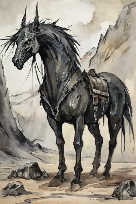 Nazgl Horses creature, post-apocalypticpunk style <lora:Perfect Hands:1>, watercolor sketch in artistic style, large strokes, finalized with ink, fine lines
