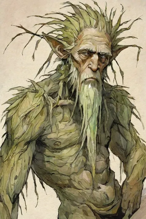 Old Man Willow creature, fantasy punk style <lora:Perfect Hands:1>, watercolor sketch in artistic style, large strokes, finalized with ink, fine lines