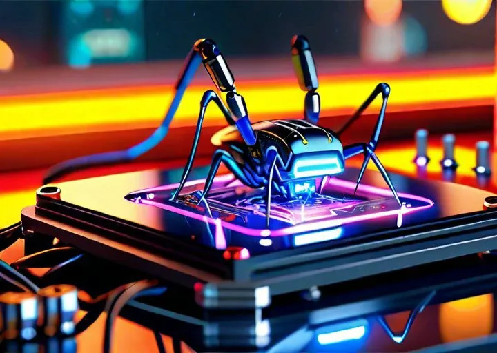 robotic insect, metal, plastic,( electronic circuits:1.2), laser welding beam, on the computer motherboard, visible energy flows, lightning, sparks, neon light, 3D scene, octane render, (masterpiece), (realistic), 8k, RAW photo, very wide shot, octane render, unreal engine, volumetrics dtx, (film grain, bokeh, blurry foreground)