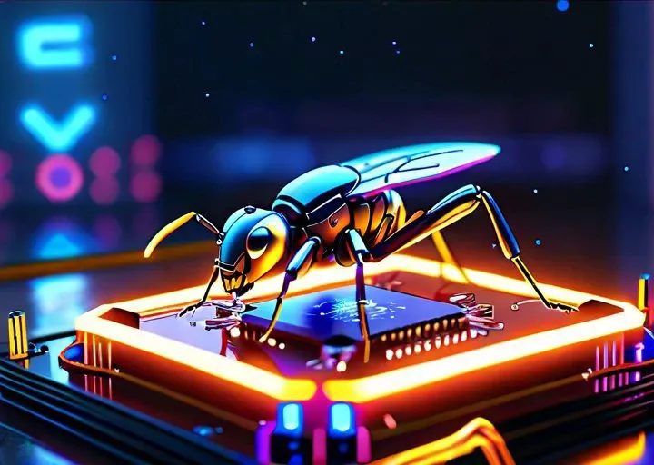 robotic insect, metal, plastic, electronic circuits, (on the computer motherboard:1.2), visible energy flows, lightning, sparks, neon light, 3D scene, octane render, (masterpiece), (realistic), 8k, RAW photo, very wide shot, octane render, unreal engine, volumetrics dtx, (film grain, bokeh, blurry foreground)