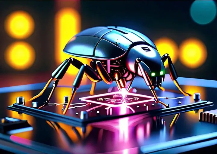 robotic insect, metal, plastic,( electronic circuits:1.2), laser welding beam, on the computer motherboard, visible energy flows, lightning, sparks, neon light, 3D scene, octane render, ray tracing, (masterpiece), (realistic), 8k, RAW photo, very wide shot, octane render, unreal engine, volumetrics dtx, (film grain, bokeh, blurry foreground)