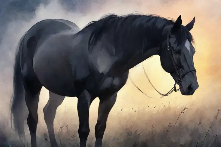 a black horse silhouette is grazing in a foggy field, a mystical misty glow, in volumetric soft glowing mist, ethereal mist, volumetric light and mist, dreamy atmospheric, in the morning mist, the brilliant dawn on the meadow, volumetric light and fog, watercolor sketch in artistic style, large strokes, finalized with ink, fine lines