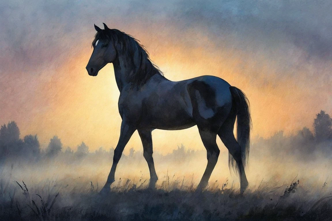 a black horse silhouette is grazing in a foggy field, a mystical misty glow, in volumetric soft glowing mist, ethereal mist, volumetric light and mist, dreamy atmospheric, in the morning mist, the brilliant dawn on the meadow, volumetric light and fog, watercolor sketch in artistic style, large strokes, finalized with ink, fine lines