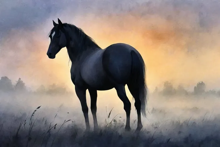 a black horse silhouette is grazing in a foggy field, a mystical misty glow, in volumetric soft glowing mist, ethereal mist, volumetric light and mist, dreamy atmospheric, in the morning mist, the brilliant dawn on the meadow, volumetric light and fog, watercolor sketch in artistic style, large strokes, finalized with ink, fine lines