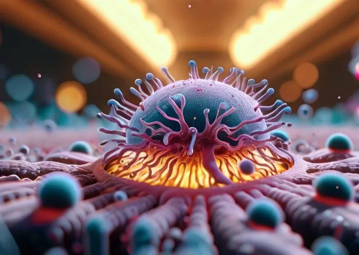 microcosm, under a microscope, internal structure of the virus, (masterpiece), (realistic), 8k, RAW photo, very wide shot, octane render, unreal engine, volumetrics dtx, (film grain, bokeh, blurry foreground)