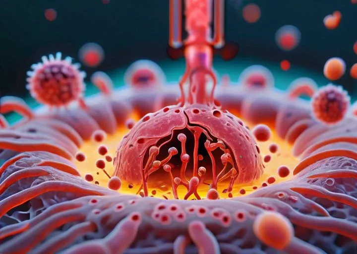 microcosm, under a microscope, internal structure of the virus, (masterpiece), (realistic), 8k, RAW photo, very wide shot, octane render, unreal engine, volumetrics dtx, (film grain, bokeh, blurry foreground)