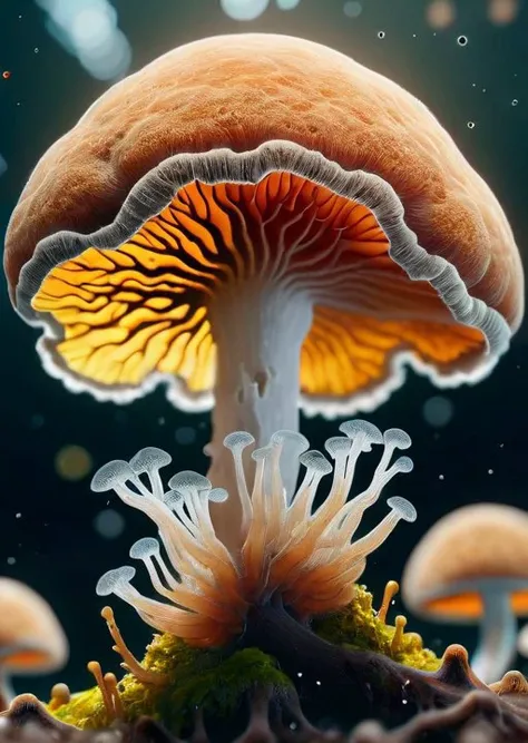 microcosm, under a microscope, proliferation of fungal mycelium, (masterpiece), (realistic), 8k, RAW photo, very wide shot, octane render, unreal engine, volumetrics dtx, (film grain, bokeh, blurry foreground)