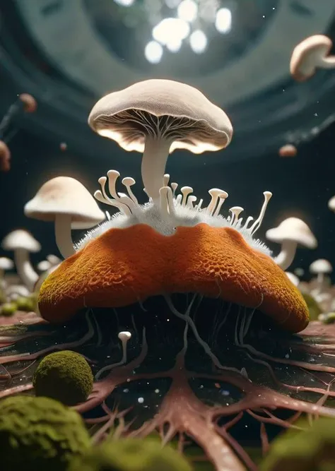macrocosm, proliferation of fungal mycelium, (masterpiece), (realistic), 8k, RAW photo, very wide shot, octane render, unreal engine, volumetrics dtx, (film grain, bokeh, blurry foreground)