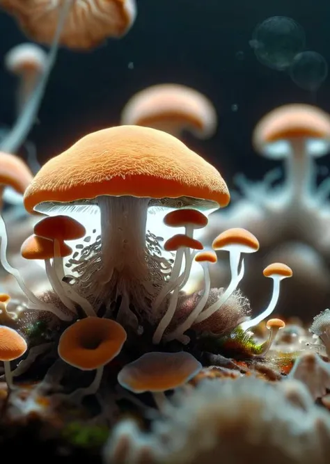 microcosm, under a microscope, proliferation of fungal mycelium, (masterpiece), (realistic), 8k, RAW photo, very wide shot, octane render, unreal engine, volumetrics dtx, (film grain, bokeh, blurry foreground)