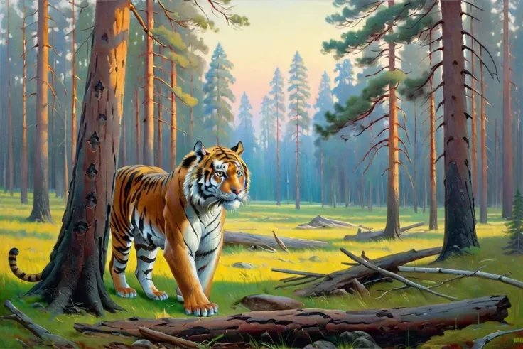 painting, canvas, oil, morning, pine forest, a tiger, by Ivan Shishkin