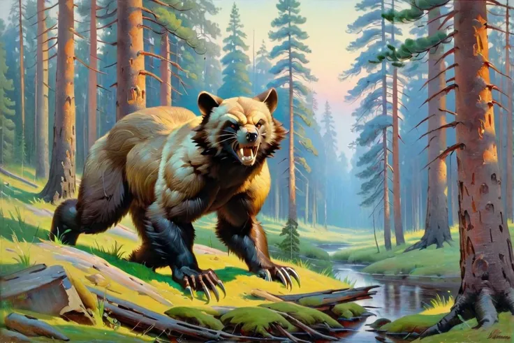 painting, canvas, oil, morning, pine forest, a wolverine, by Ivan Shishkin