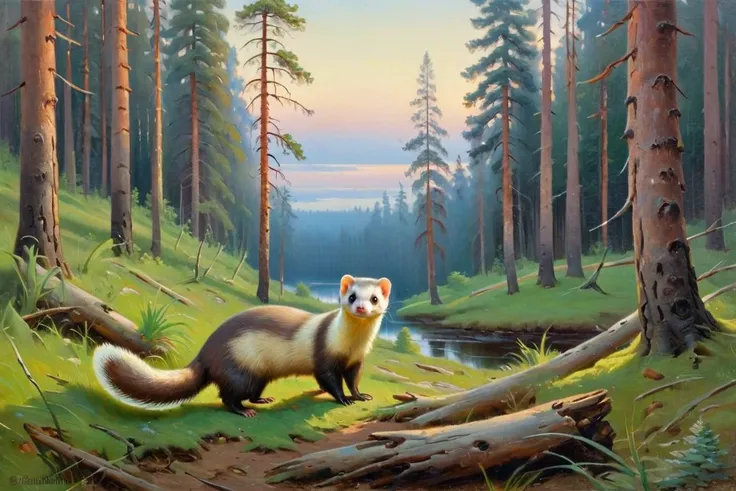 painting, canvas, oil, morning, pine forest, a ferret, by Ivan Shishkin
