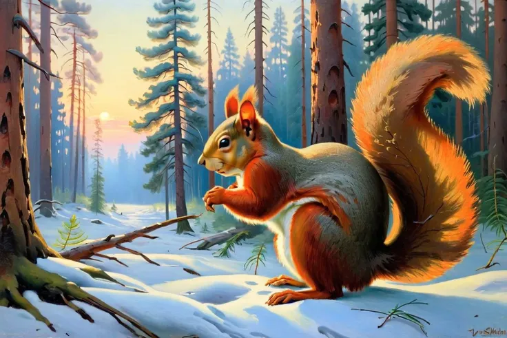 painting, canvas, oil, morning, pine forest, a squirrel, by Ivan Shishkin