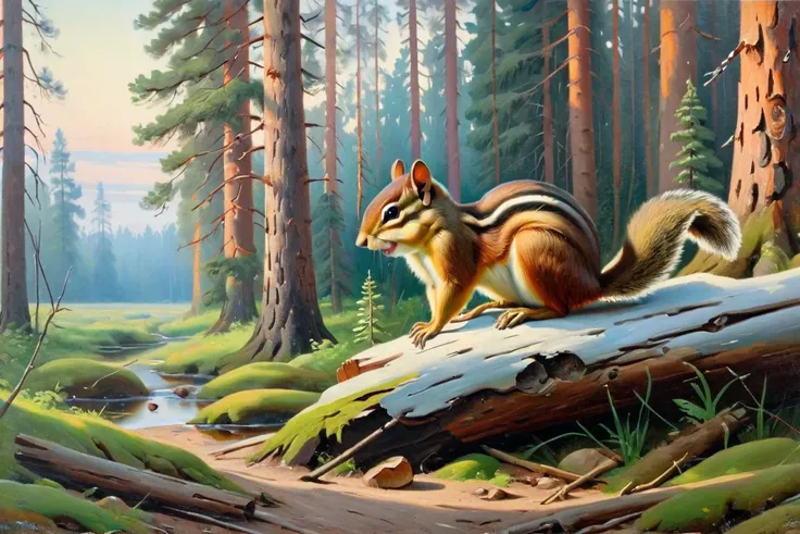 painting, canvas, oil, morning, pine forest, a chipmunk, by Ivan Shishkin