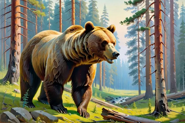 painting, canvas, oil, morning, pine forest, a grizzly bear, by Ivan Shishkin