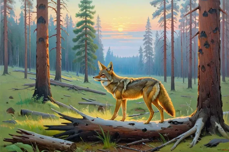 painting, canvas, oil, morning, pine forest, a coyote, by Ivan Shishkin