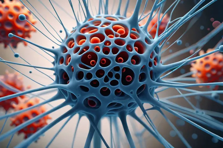 an image by Julie Mehretu of neurons viewed in a microscope, Trypophobia, (masterpiece), (realistic), 8k, RAW photo, very wide shot, octane render, unreal engine, volumetrics dtx, (film grain, bokeh, blurry foreground)