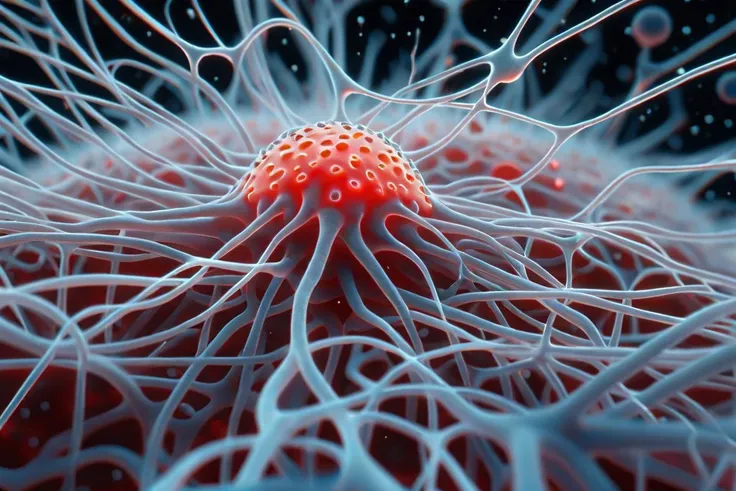 an image by Julie Mehretu of neurons viewed in a microscope, Trypophobia, (masterpiece), (realistic), 8k, RAW photo, very wide shot, octane render, unreal engine, volumetrics dtx, (film grain, bokeh, blurry foreground)